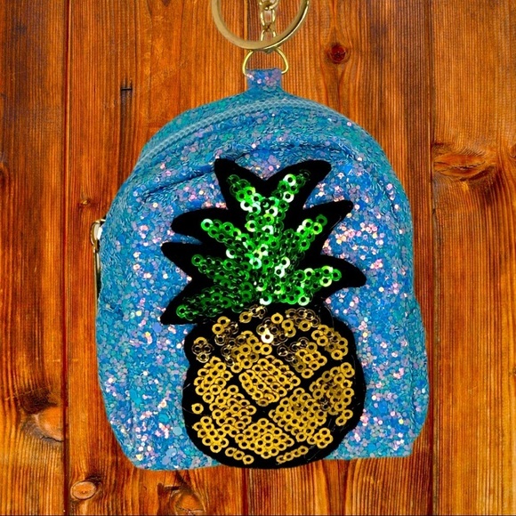Hand Crafted Accessories - GLITTER PINEAPPLE‎ MINI BACKPACK COIN PURSE KEYCHAIN IN BLUE